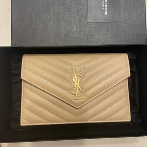 YSL (Saint Laurent) Monogram Leather Chain Wallet - Nude